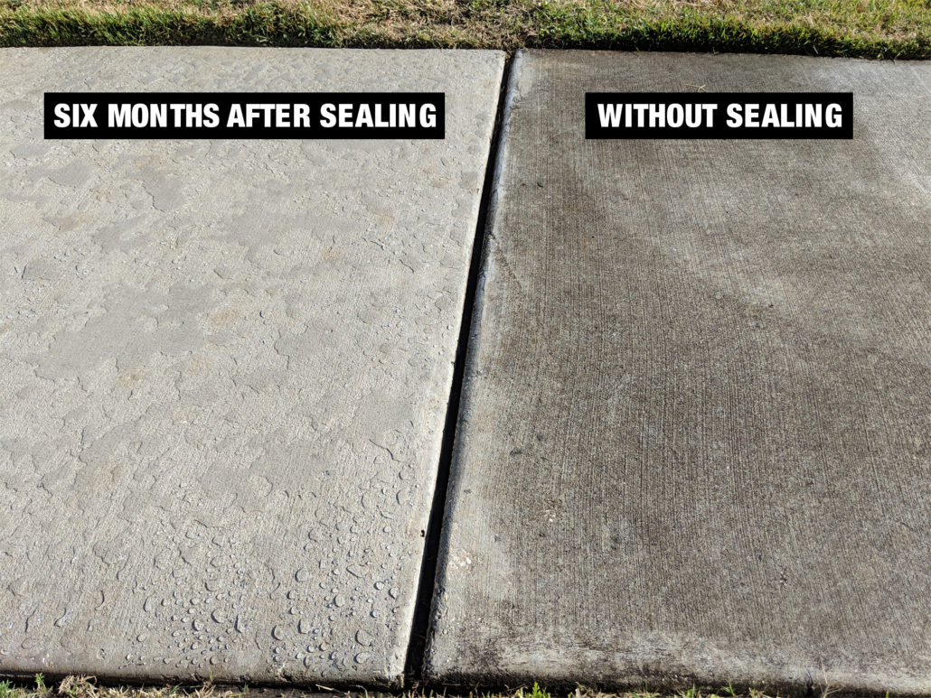 Two cement slabs with the words six months after sealing and without sealing